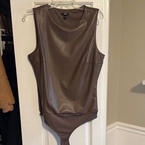 Brown Faux Leather Body Contour Sleeveless Bodysuit